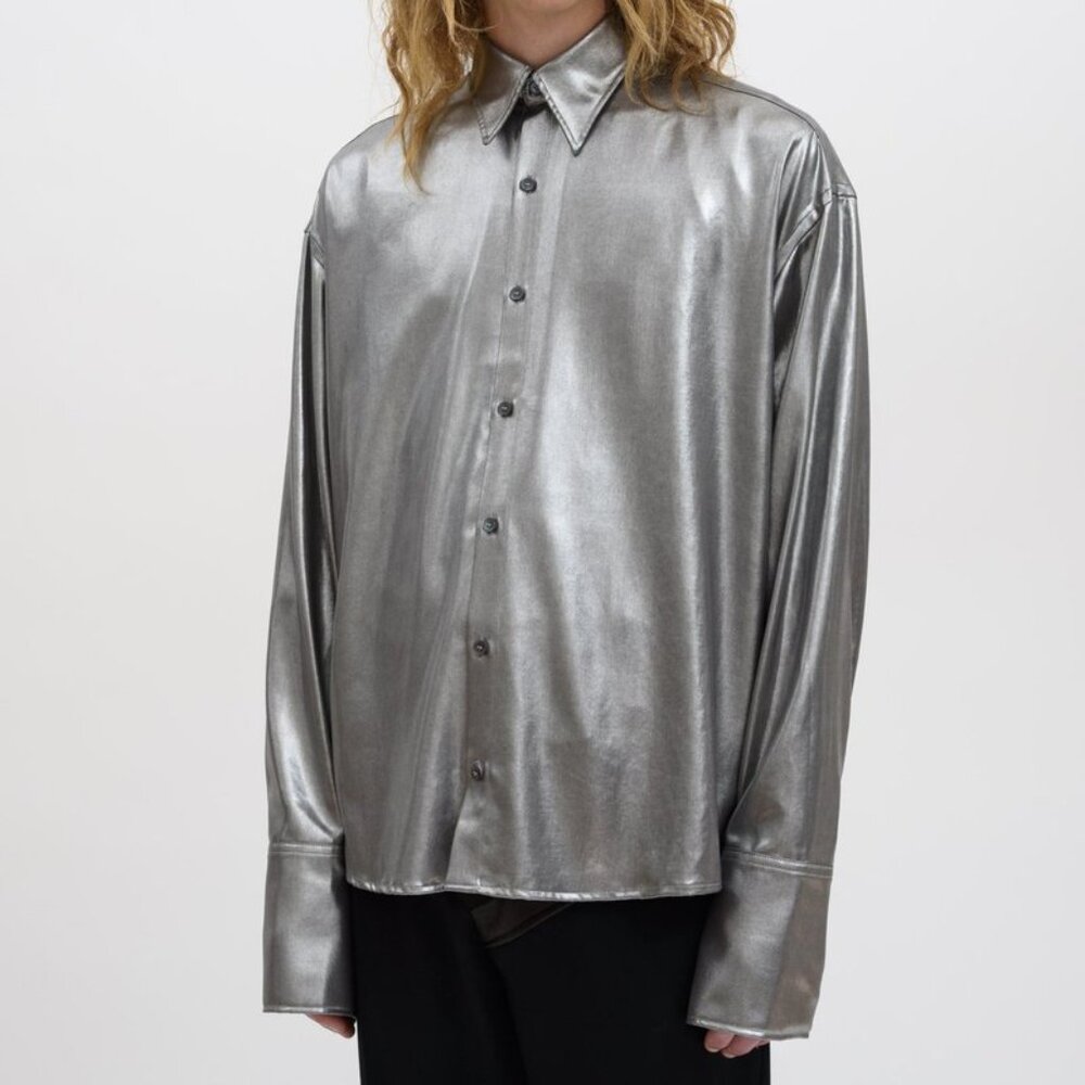 CMMN SWDN Cecil Light Lame Metallic Silver Button Up Shirt